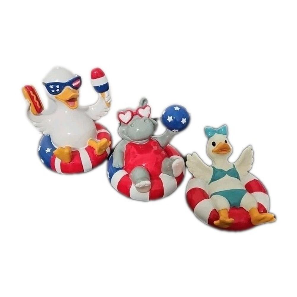 4th of July Float Animal Figurines Ducks & Hippo Patriotic Red White Blue Decor